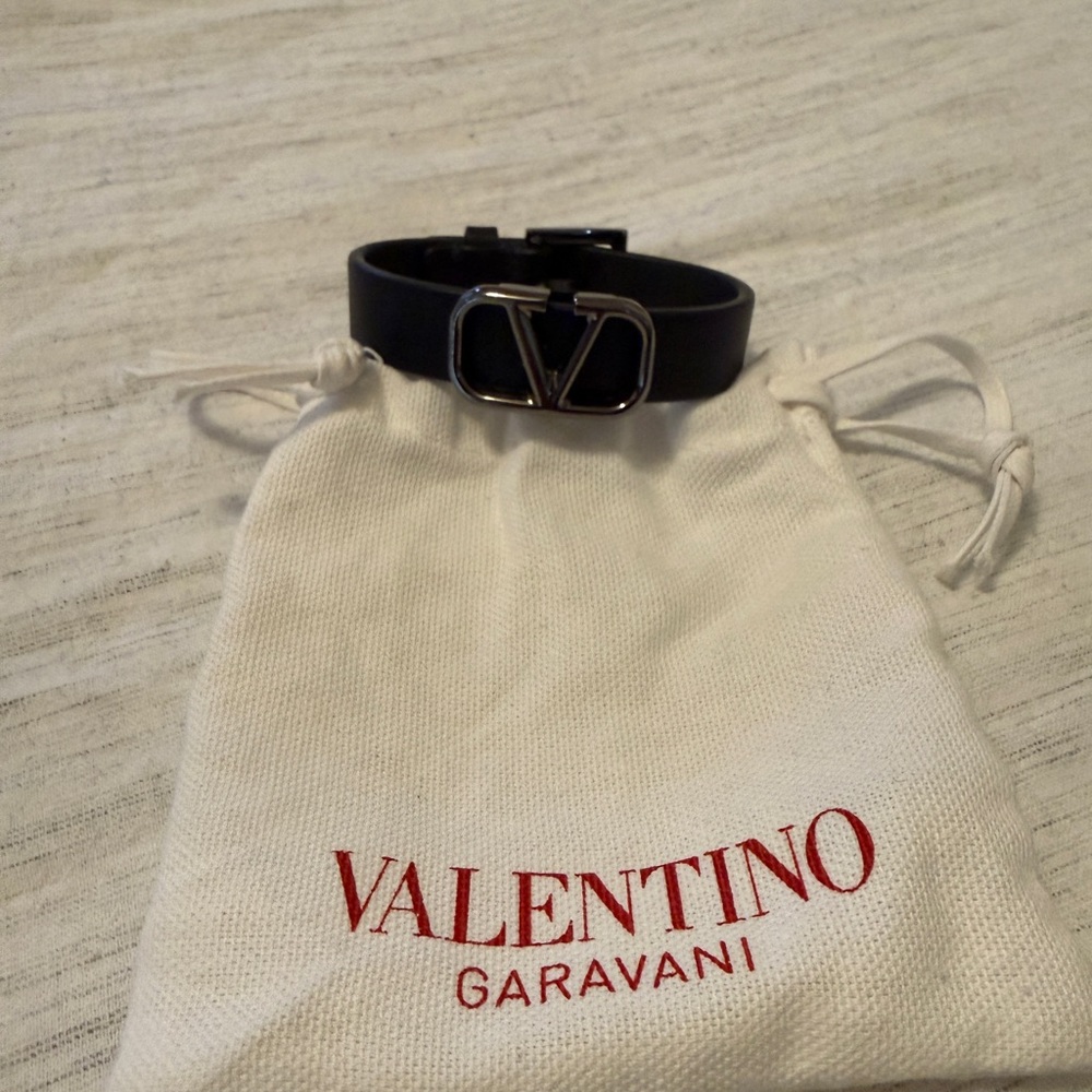 Valentino Black Leather Bracelet with Silver Accent